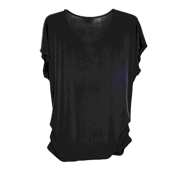 Lily White Black V-Neck w Metal Bar Side Ruched Cap Sleeve Slinky Blouse - Picture 4 of 5